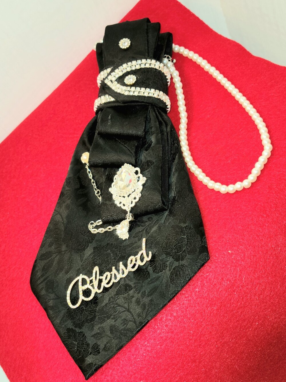 Black 'Blessed' Pendant Necktie Jewelry Accent
